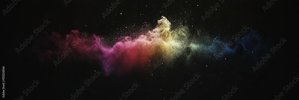 Obraz premium rainbow dust powder particles explosion, on black background for overlay