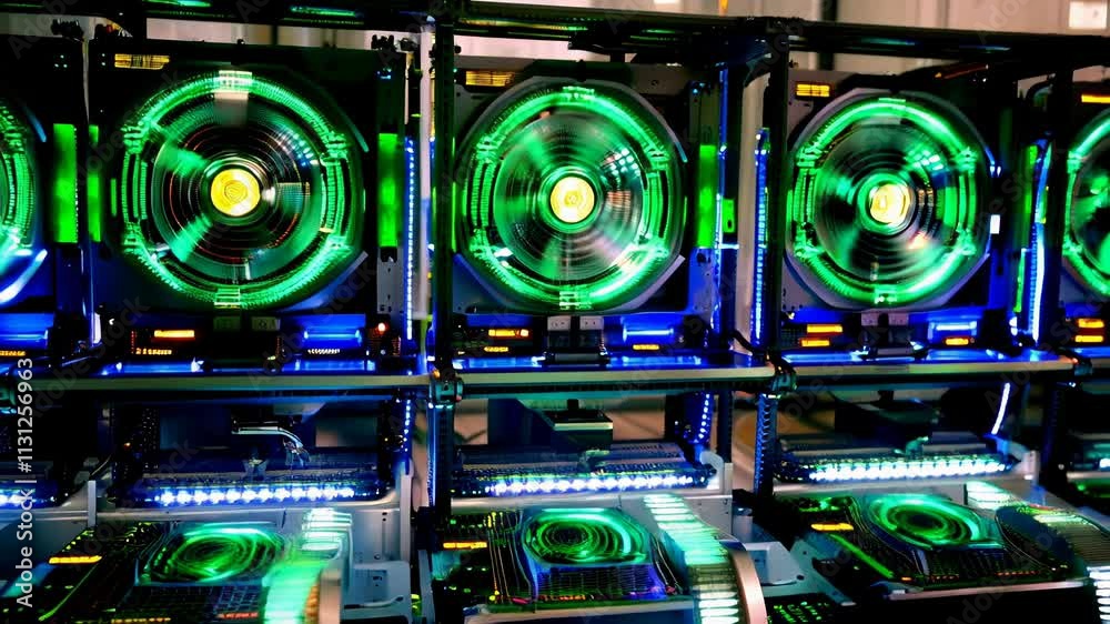 Cryptocurrency mining farm operating with spinning fans
