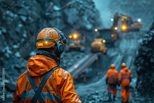 Workers and machinery working together in mining