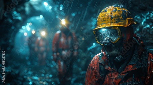 Miners at work in a rugged, underground environment
