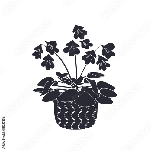 Black linocut silhouette of potted houseplant chirita. Tropical plant monochrome hand drawn design