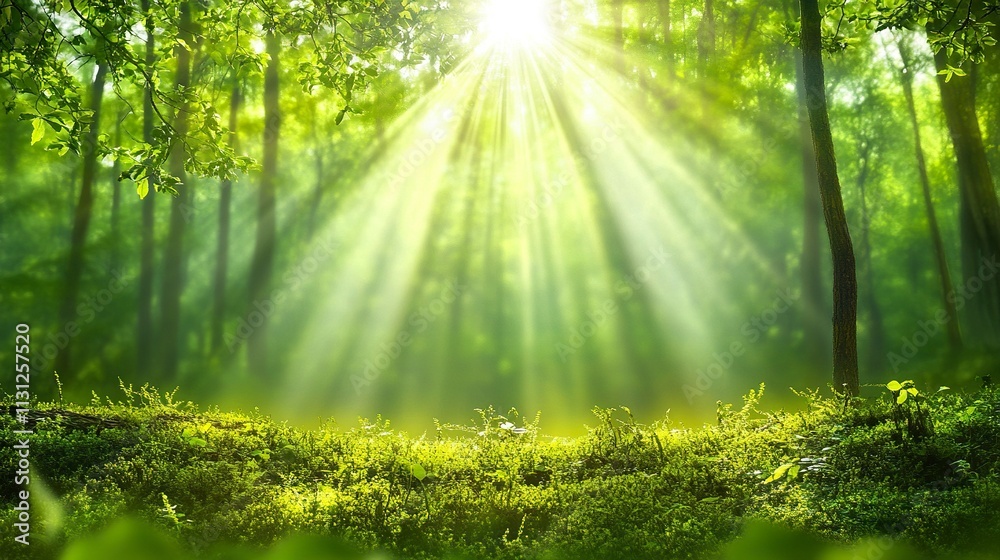 Obraz premium blurry green nature forest landscape background with sunlight flare, blurred bokeh natural backdrop.