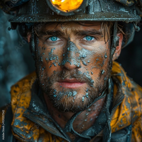 Miner’s face with headlamp and grit