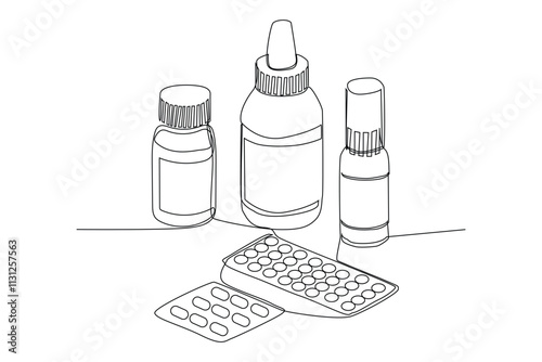 Single one line drawing medical concept, Continuous one line drawing of  vial, tablet, capsule, pills , medical drugs outline vector illustration.