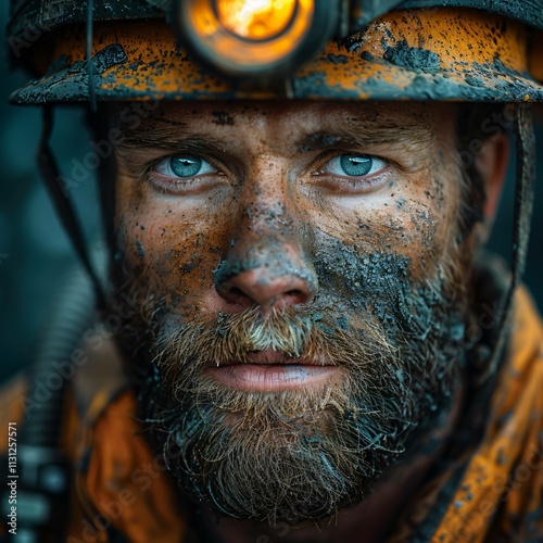 Close-up portrait of a miner covered in dust