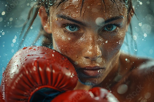 Strong female boxer training hard