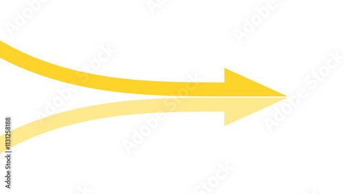 Two yellow half arrows coming together and merging, forming a single arrow on a white background