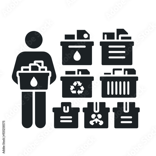 Waste management icon depicting sorting bins and a person, focusing on recycling and sustainability, copy space