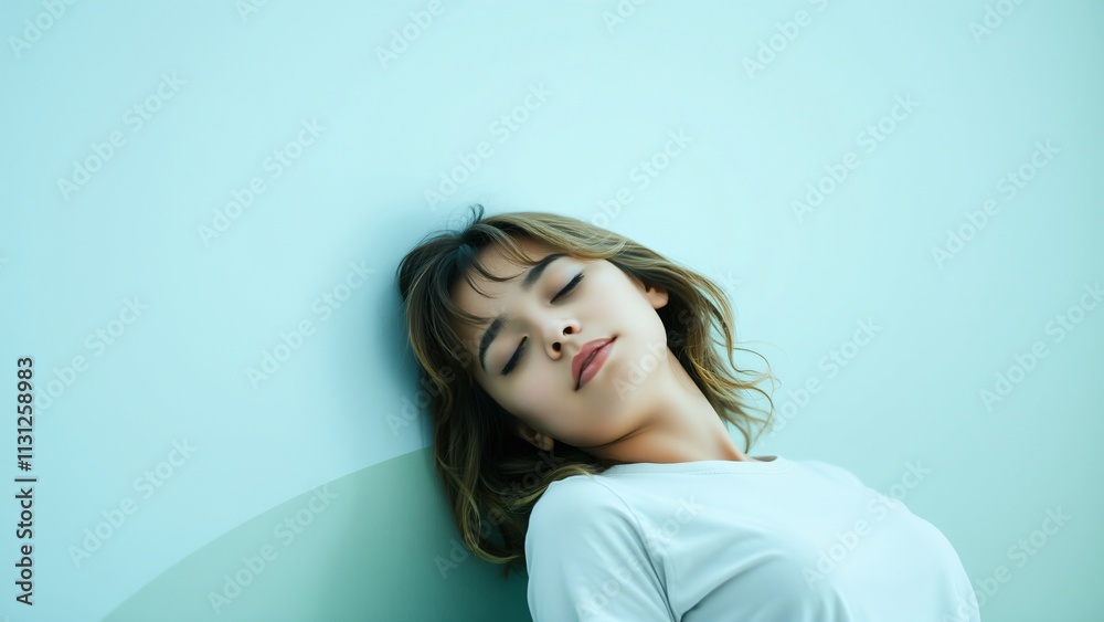 Naklejka premium Serene Young Woman Relaxing Against a Soft Blue Wall