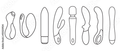 a set of types of vibrator, rabbit, penguin, adult sex toy, accessories for sex games, linear black and white icons, doodle and sketch style, hand drawing