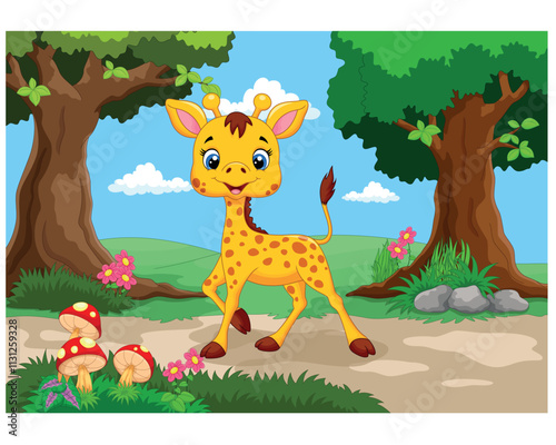 Giraffe against a background of a beautiful garden vector illustration