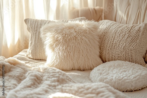 A cozy and light-filled bedroom featuring soft, fluffy pillows and knitted textures in warm neutral tones, creating a serene and inviting ambiance