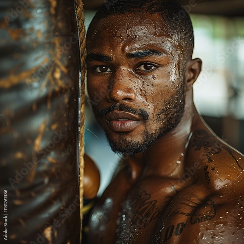 Boxer training with punching bag