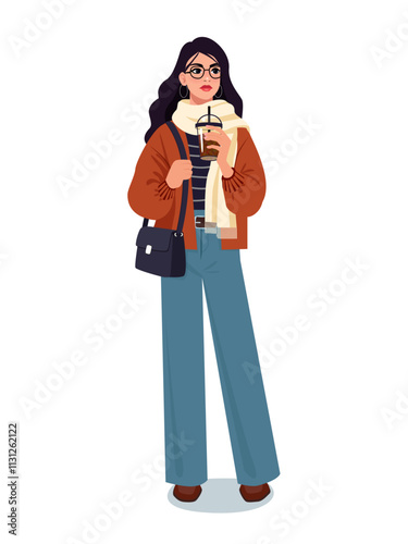 A flat vector illustration of a fashionable young woman standing confidently while holding a coffee cup. She is dressed in a cozy casual outfit, featuring a scarf, oversized jacket, and flared jeans