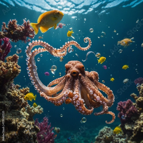 A playful octopus blowing colorful bubbles, with fish darting through them.

 photo