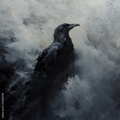 Dark Raven in a Stormy Sky: Abstract Bird Painting photo