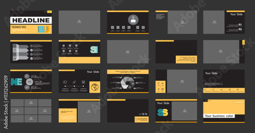 Business presentation template. Set, infographic elements, yellow design, black background. Flyer office building, postcard corporate report, powerpoint. Slide show, annual report, vector illustration