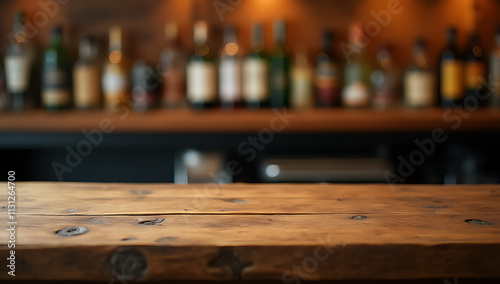Rustic wooden bar countertop features in real photographs alongside a warm, ambient background of blurred bottles._00003_