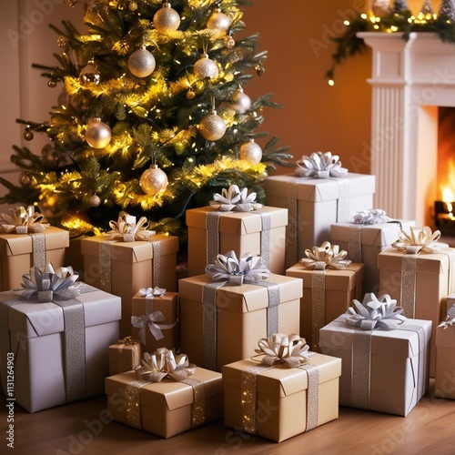 Beautifully wrapped Christmas or New Year presents near a decorated Christmas tree.