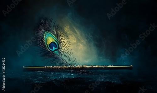 Ornate flute rests near a vibrant peacock feather