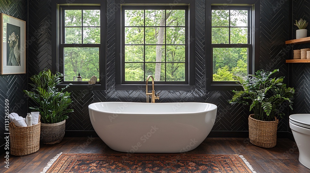 Fototapeta premium Modern bathroom interior with a free-standing tub urban view window dark herringbone tile wall
