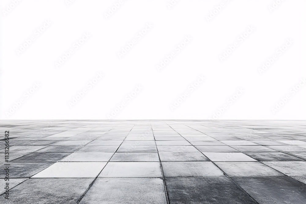 Fototapeta premium Concrete tiles extend evenly toward a white horizon creating a symmetrical and balanced industrial scene 