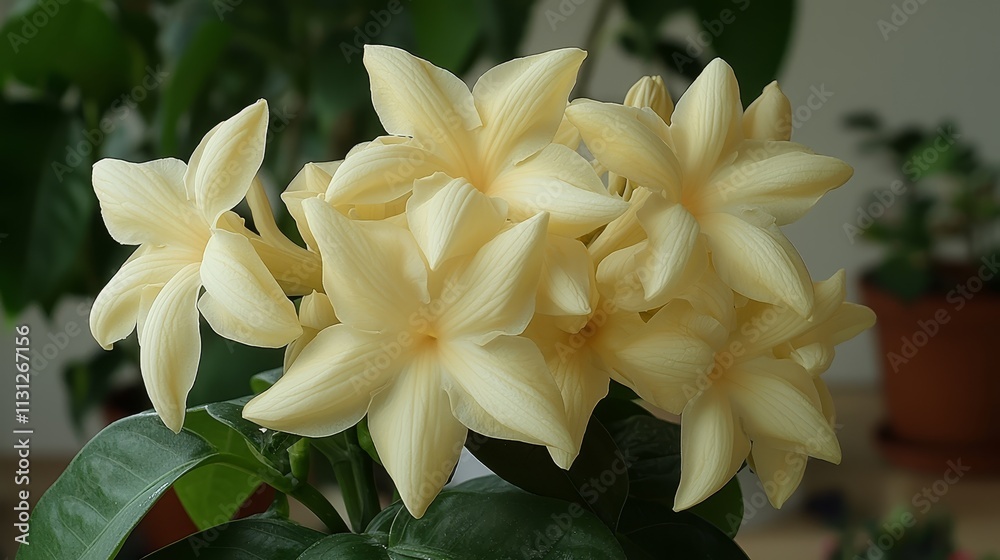 Obraz premium A bunch of white flowers with green leaves