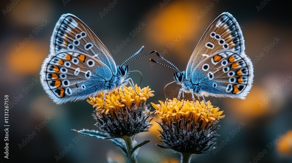 Obraz premium A couple of blue butterflies sitting on top of a yellow flower