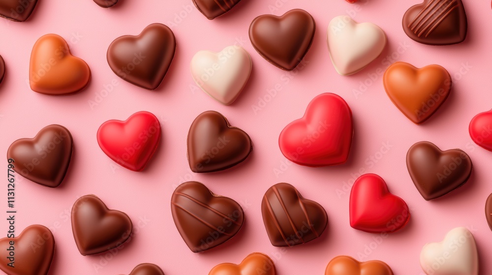 Obraz premium Delightful heart shaped chocolates in various colors and textures on pink background