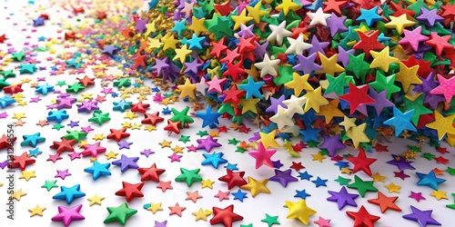 A vibrant multicolor confetti background features falling pieces against a white backdrop, perfect for festive designs and celebrations. 3D-rendered star confetti adds a playful touch.