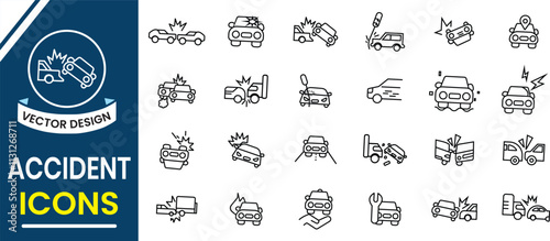 Car Accident icon set. Accidents line icon, vector set. Road traffic accident, Car Crash,  motorbike, pedestrian, car and the wall, injury, fire and plane crash icons. Vector illustration.