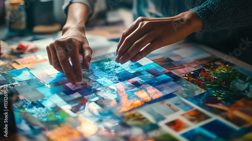 Crafting a Vision: A close-up of an artist's hands carefully arranging colorful squares on a collage board, their fingers delicately placing each piece with precision and passion.  