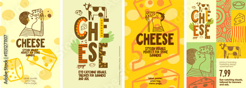 Cheese. Creative cheese-themed designs with playful hand-drawn illustrations, perfect for packaging, posters, and promotional material for food stores.