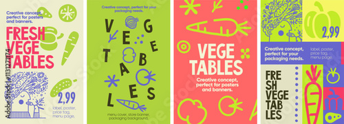 Fresh Vegetables. Vibrant design with fresh vegetables in a playful style, ideal for posters, tags, and packaging, featuring bold typography and hand-drawn vector illustrations.