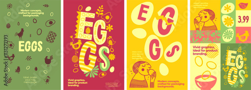 Eggs. Vibrant egg-inspired designs with hand-drawn details and lively colors, ideal for product branding, packaging, and promotional materials.