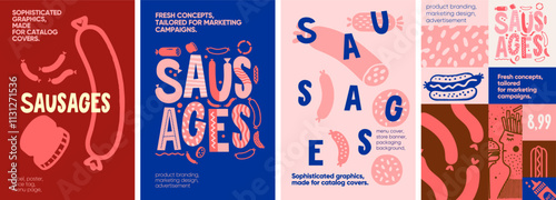 Sausages. Whimsical sausage-themed layouts with creative hand-drawn illustrations, perfect for product branding, packaging, and menu designs.