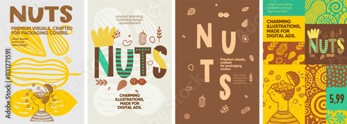 Nuts. Elegant and charming nut-inspired designs with hand-drawn elements, tailored for food packaging, promotional materials, and branding.