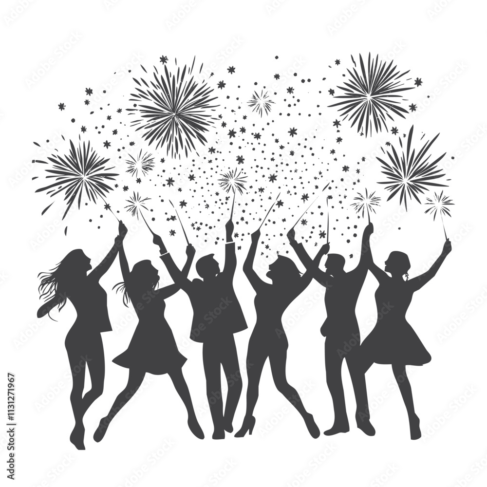 Fototapeta premium silhouette of a group of people holding sparklers, dancing and cheering under a sky on a white background