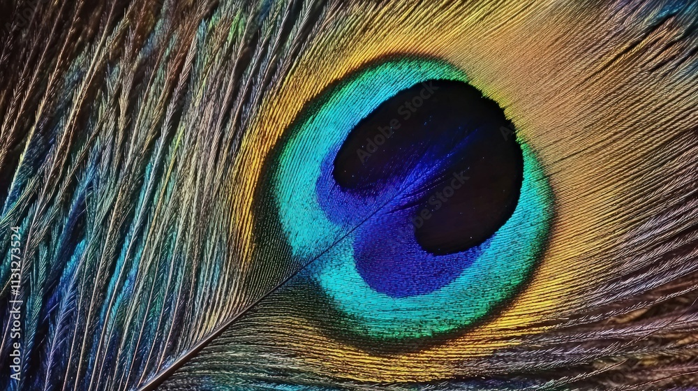 Fototapeta premium Close-up vibrant peacock feather, iridescent eye.