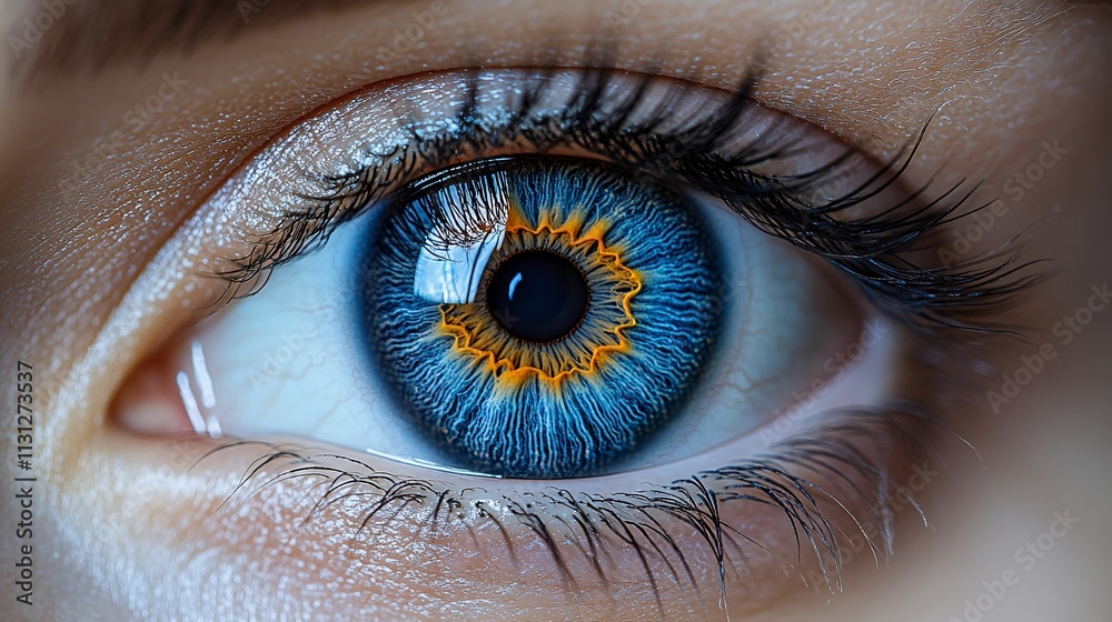 Fototapeta premium Close-up of a human eye with striking blue iris, on a white background, concept of vision.