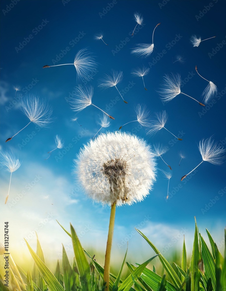 Obraz premium Generated image Dandelion flower with seeds flying away by wind at blue sky landscape background
