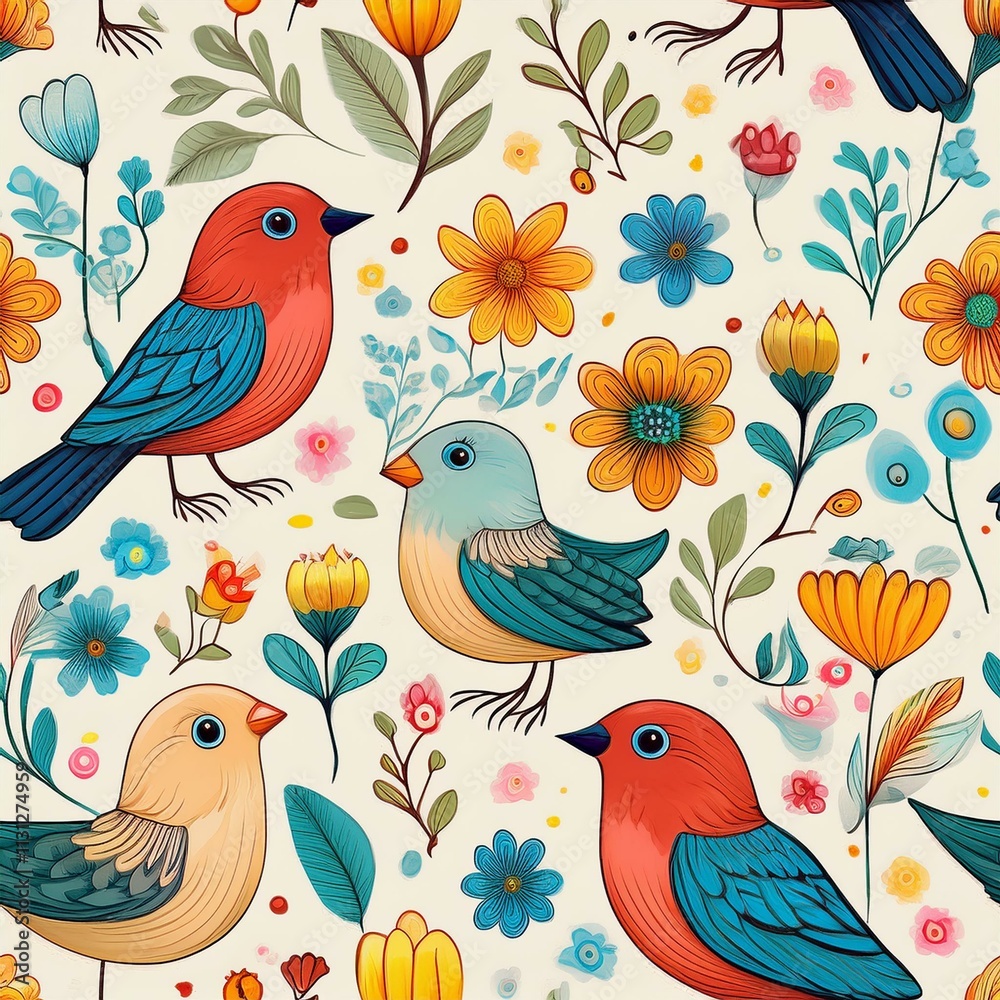 Obraz premium Generated image Seamless cartoon pattern of birds and flowers in bright colors for children