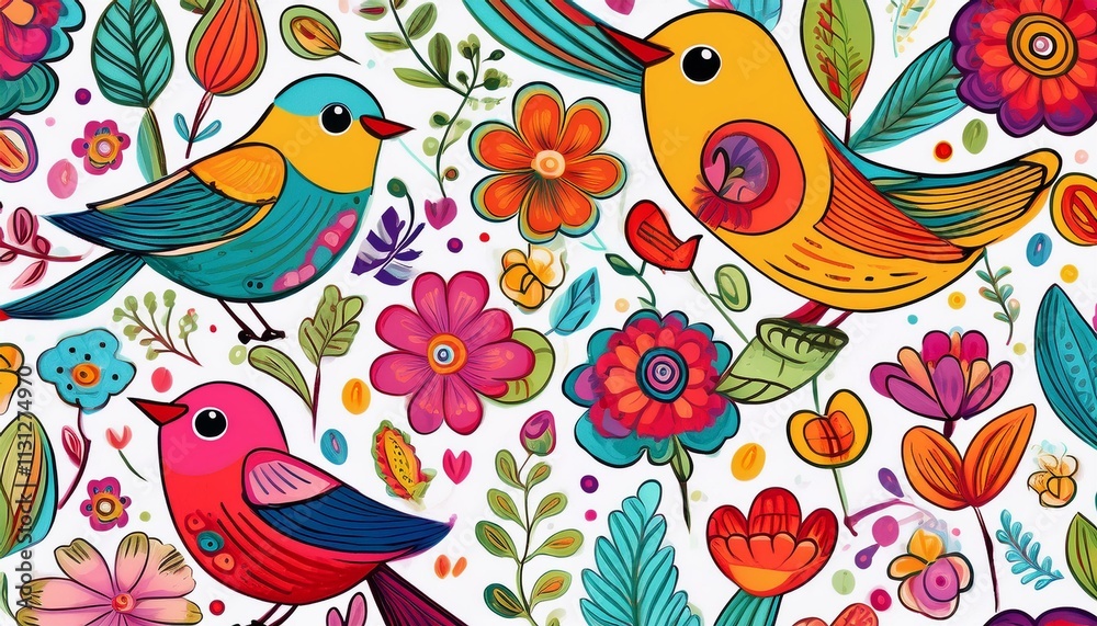 Obraz premium Generated image Seamless cartoon pattern of birds and flowers in bright colors for children