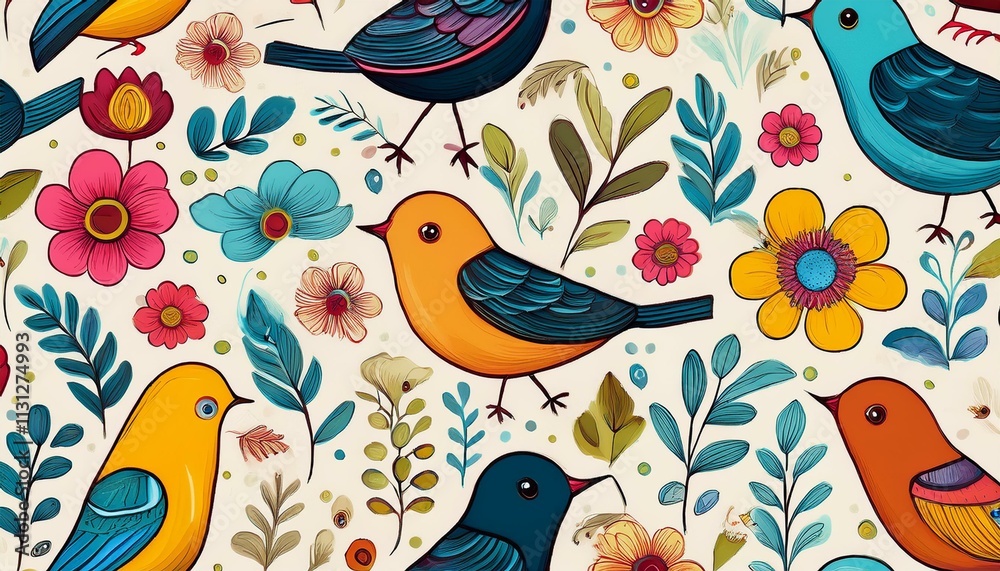 Obraz premium Generated image Seamless cartoon pattern of birds and flowers in bright colors for children