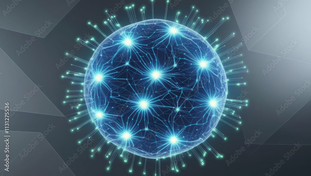 Naklejka premium glowing AI algorithm visualized as neural network in digital sphere, showcasing interconnected nodes and lines, representing advanced technology and innovation