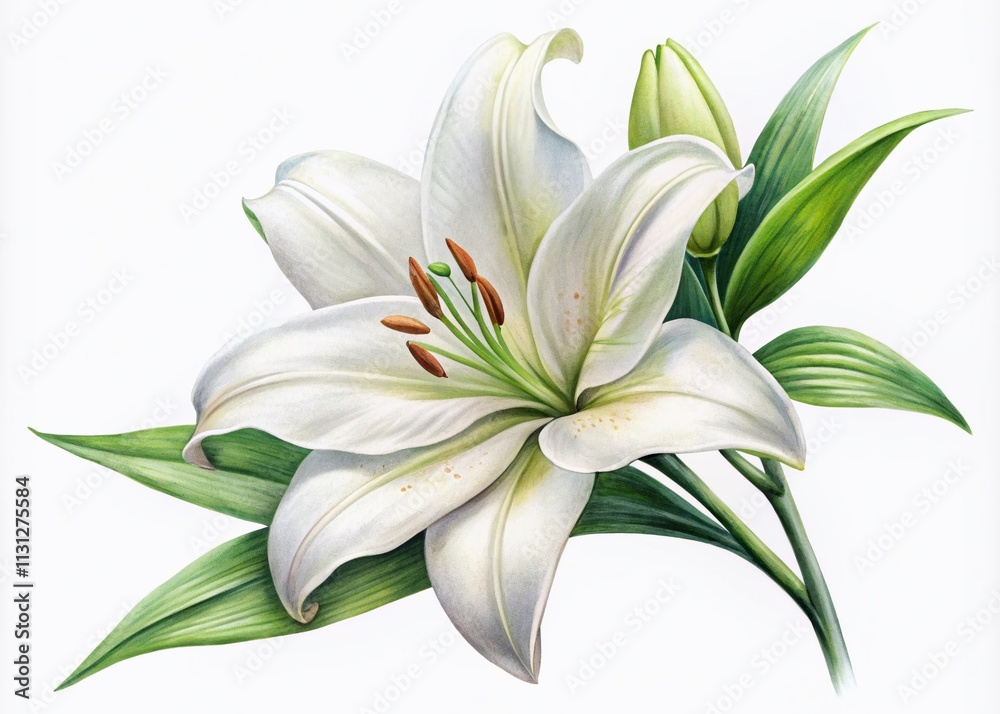 Obraz premium Beautiful watercolor white lily illustration, perfect for wedding invitations, cards, and packaging design. Elegant floral clipart on a clean white background enhances any project’s charm.