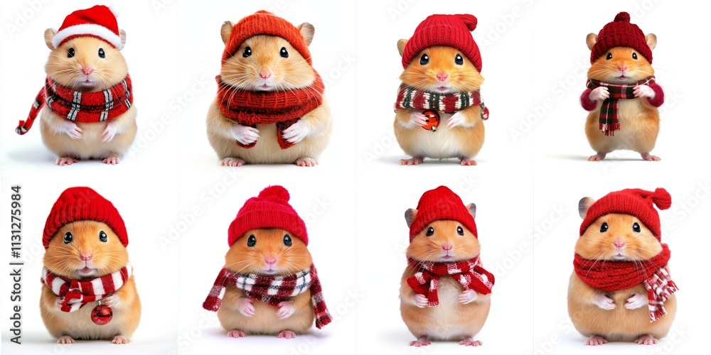 Obraz premium Adorable Hamsters in Winter Hats - Eight cute hamsters, dressed in warm red winter hats and scarves, symbolize joy, warmth, cuteness, holiday cheer, and winter fun.