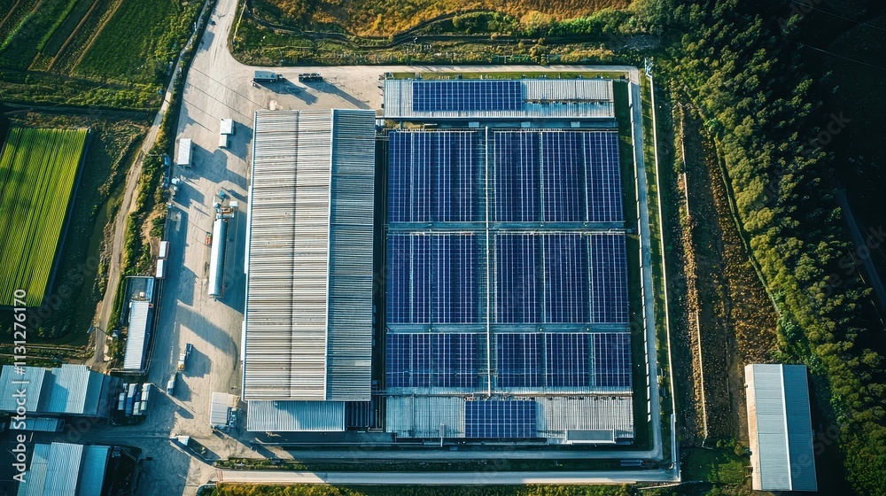 Fototapeta premium Large Scale Energy Storage Facility Featuring Solar Panels and Agricultural Land in Aerial View
