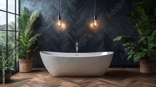 A modern bathroom interior with a freestanding white bathtub, dark herringbone tiles, hanging lights, and green plants