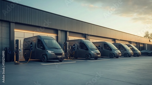 Electric vans charging at a modern warehouse.